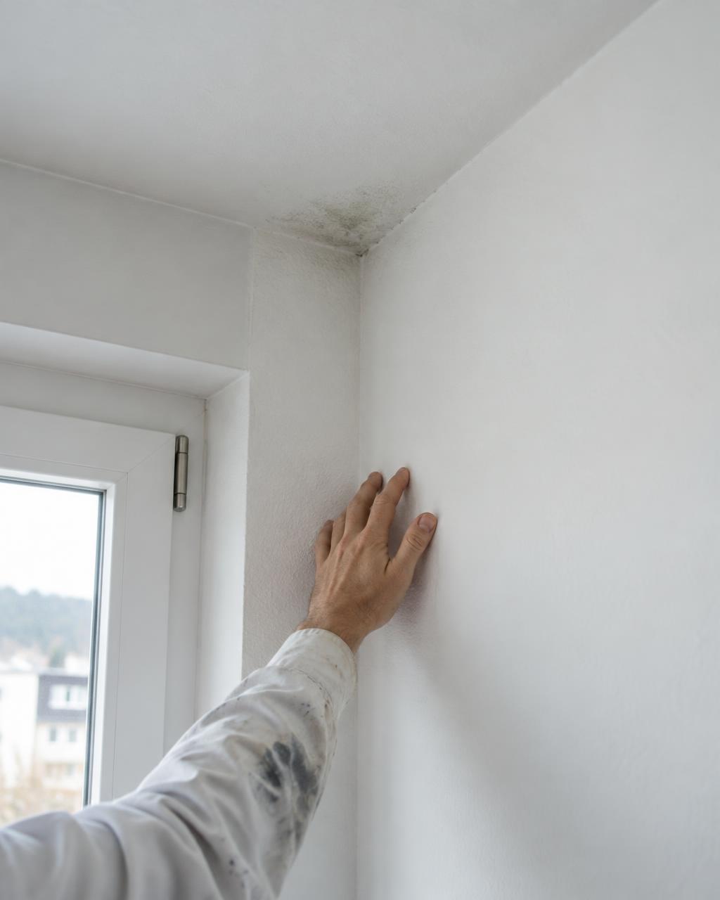 Hand prüft eine leicht verfärbte Wandecke unter der Decke (Symbolbild)